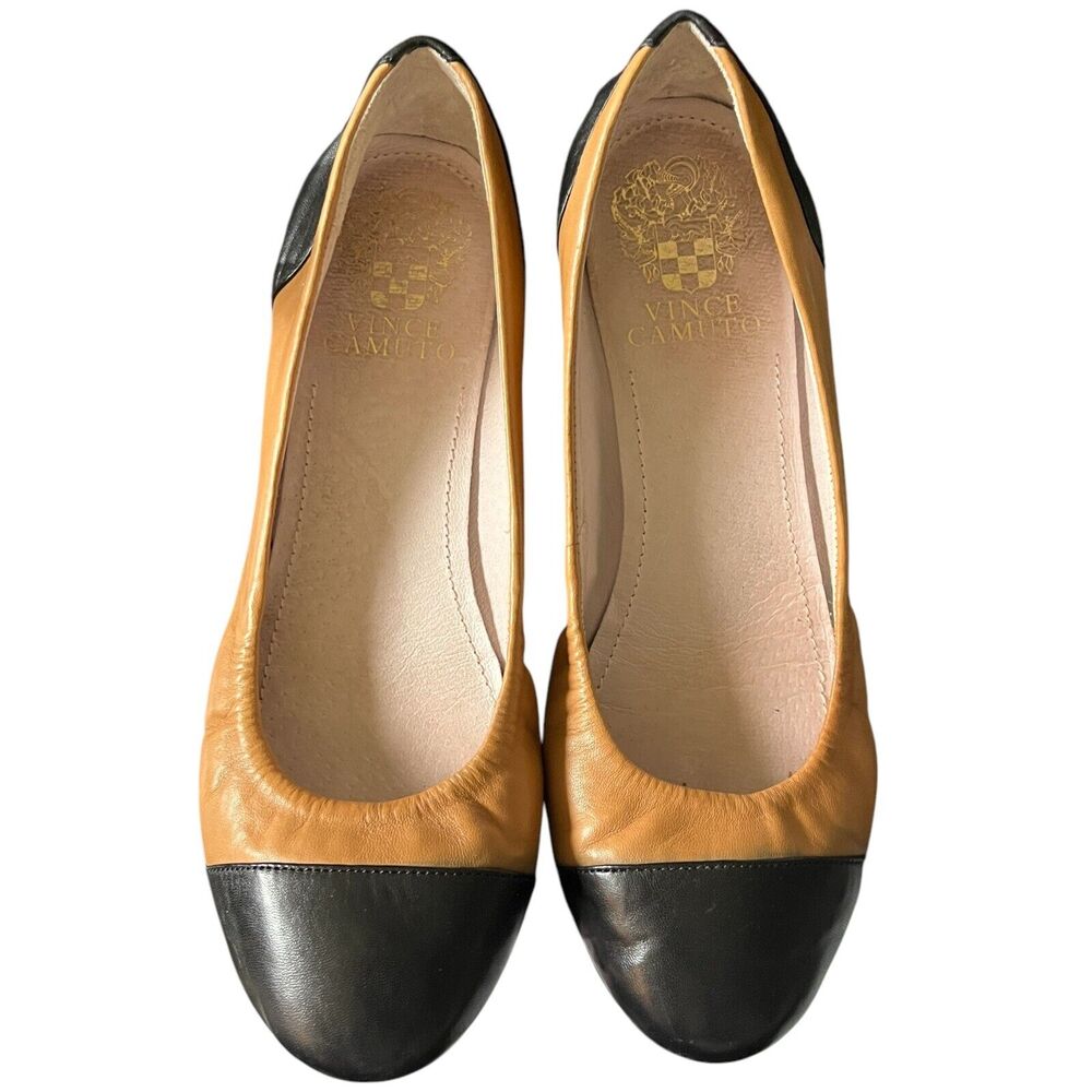 Vince Camuto Linkon Shoes Box Caramel Black Nappa Leather Ballet Flats US 5.5M